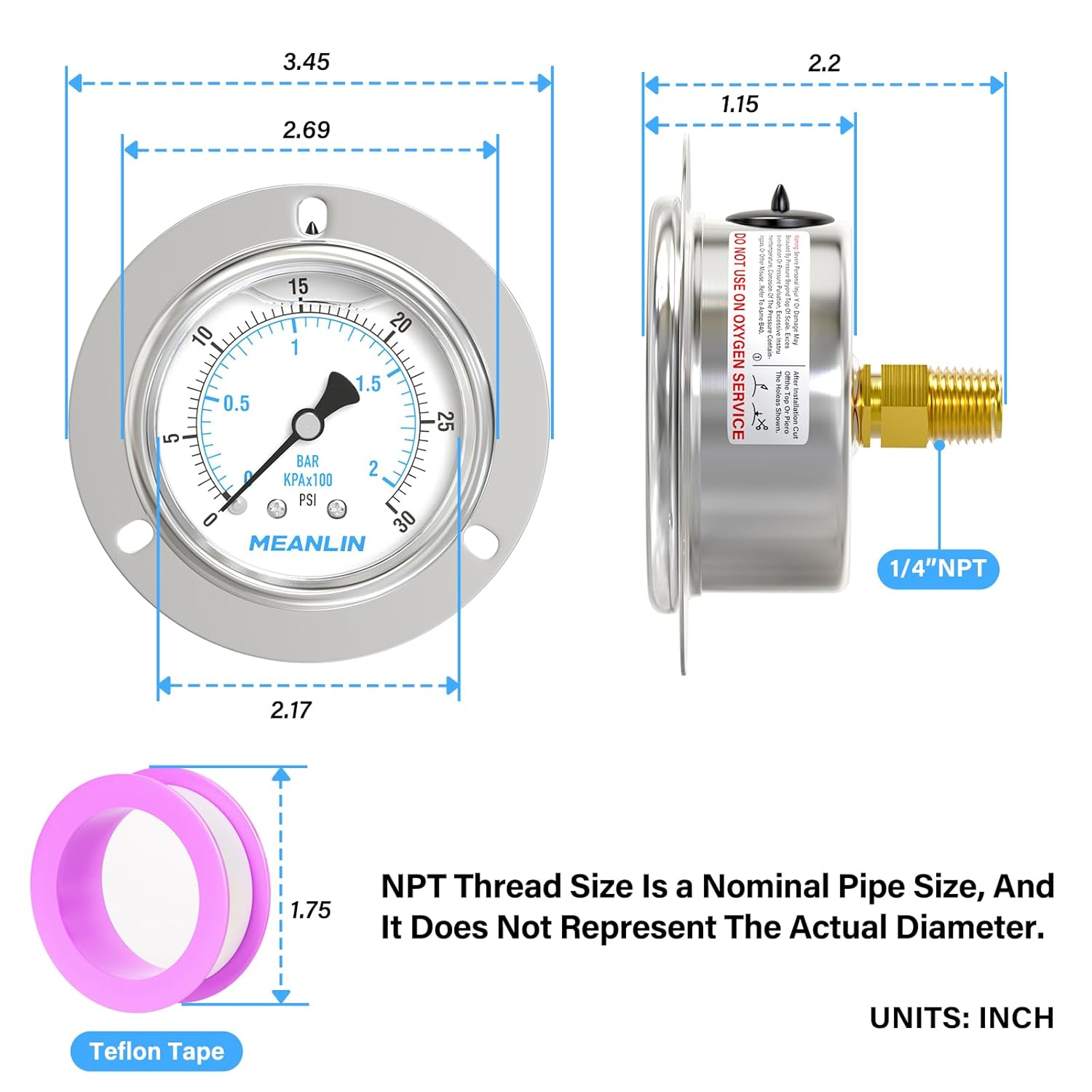 MEANLIN MEASURE 0~30Psi Liquid Filled Pressure Gauge Front Flange Panel Mount, 1/4" NPT 2.5" FACE DIAL Stainless Steel Case with Phillips Screw and Nut, +/-3-2-3%