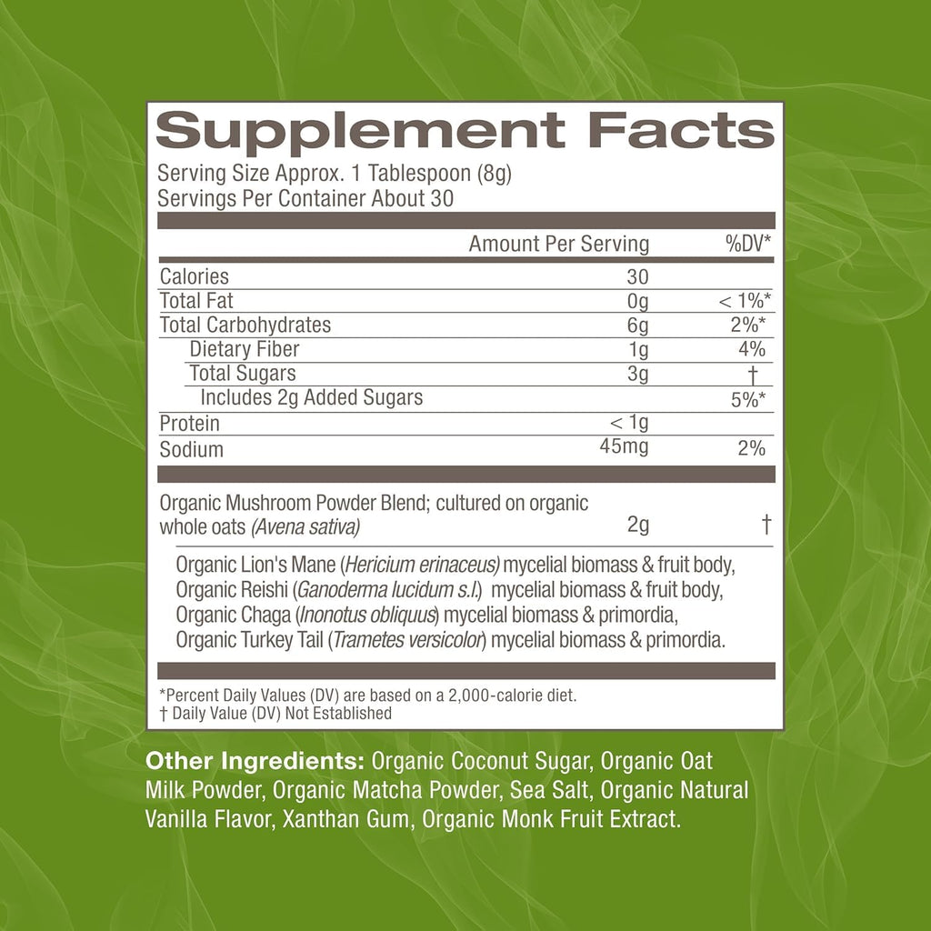 Om Mushroom Superfood Matcha Latte Blend Mushroom Powder, 8.47 Ounce Canister, 30 Servings, Green Tea, Lion's Mane, Reishi, Chaga, Turkey Tail, Focus & Stress Support Supplement