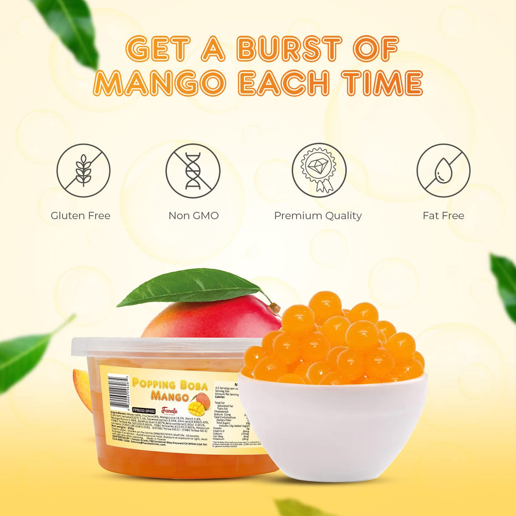 Fanale Popping Boba Pearls for Bubble Tea - 2 lb (1 lb X 2) | Mango | Bursting Boba Pearls Bubble 450g X 2 | Real Fruit Juice for Shakes, Dessert, Smoothie | FPB002-SP450 X 2