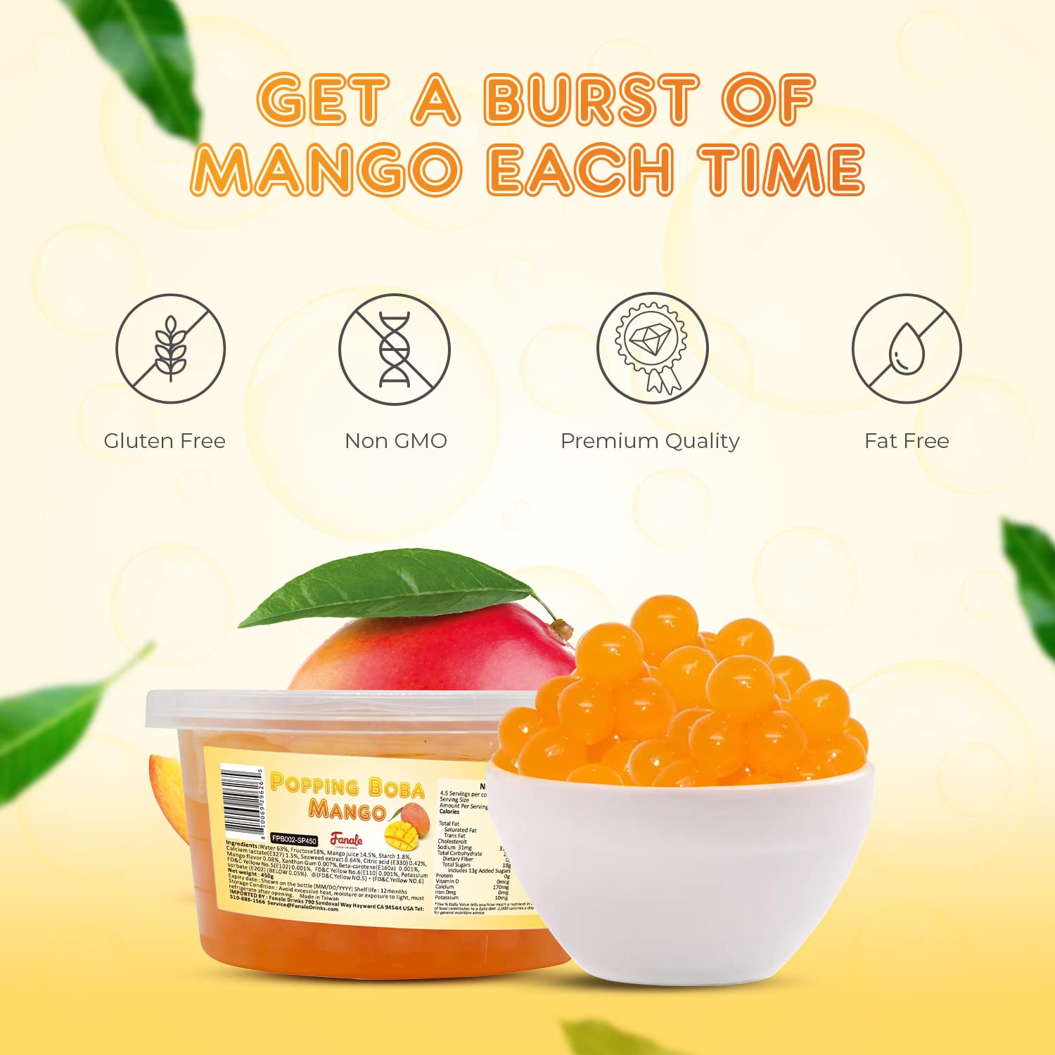 Fanale Popping Boba Pearls for Bubble Tea - 2 lb (1 lb X 2) | Mango | Bursting Boba Pearls Bubble 450g X 2 | Real Fruit Juice for Shakes, Dessert, Smoothie | FPB002-SP450 X 2