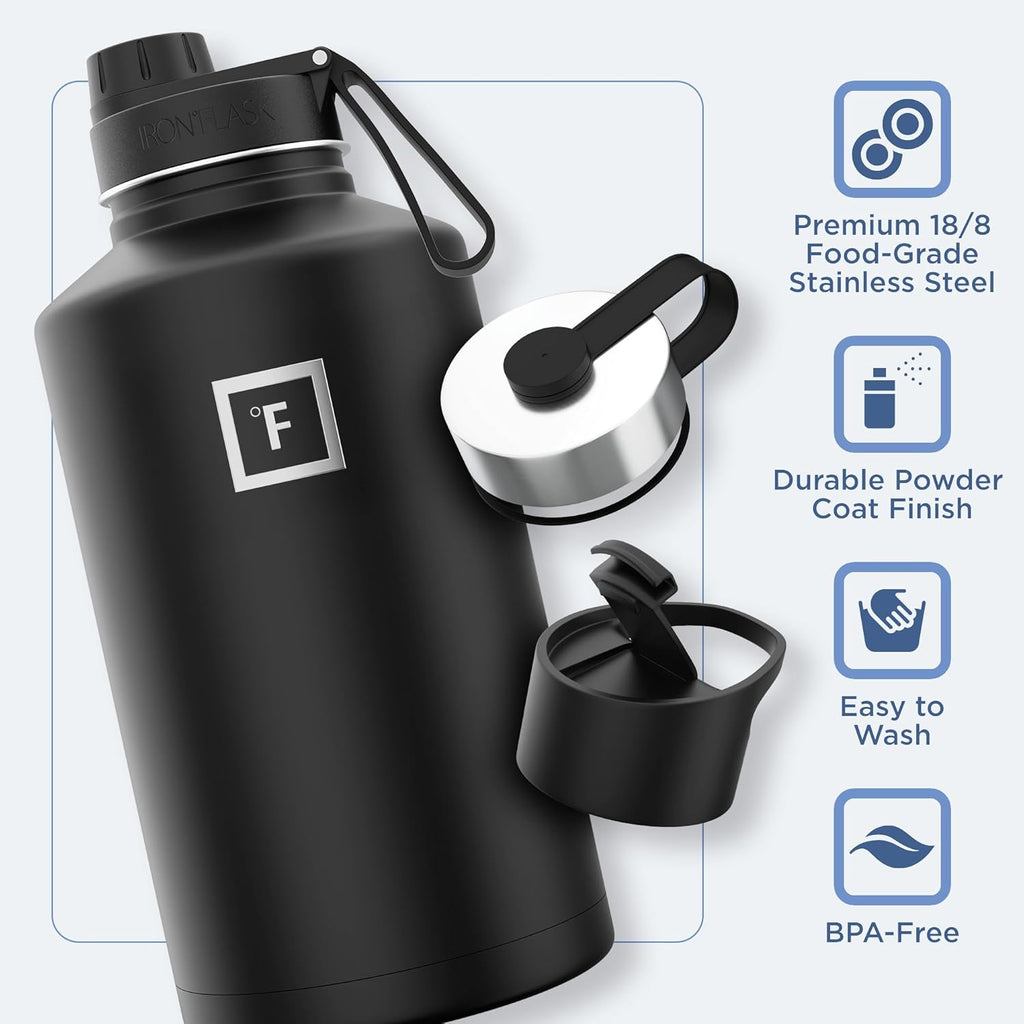IRON °FLASK Camping & Hiking Hydration Flask with 3 Lids - Stainless Steel, Double Walled & Vacuum Insulated Water Bottle - Leak Proof & BPA Free (Sky, Spout - 64 oz)