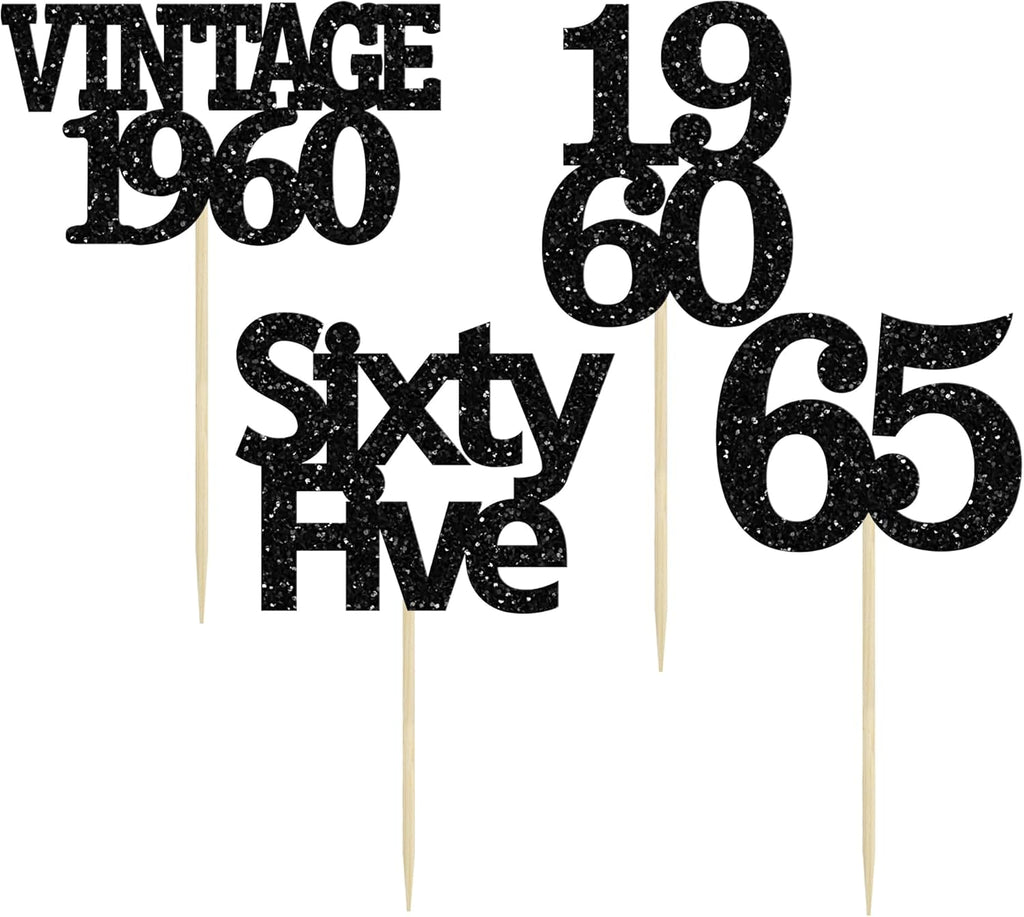 Gyufise 24Pcs Vintage 1960 Cupcake Toppers Glitter Cheers to 65 Fabulous Sixty Five Cupcake Picks 65th Birthday Wedding Anniversary Party Cake Decorations Supplies Black