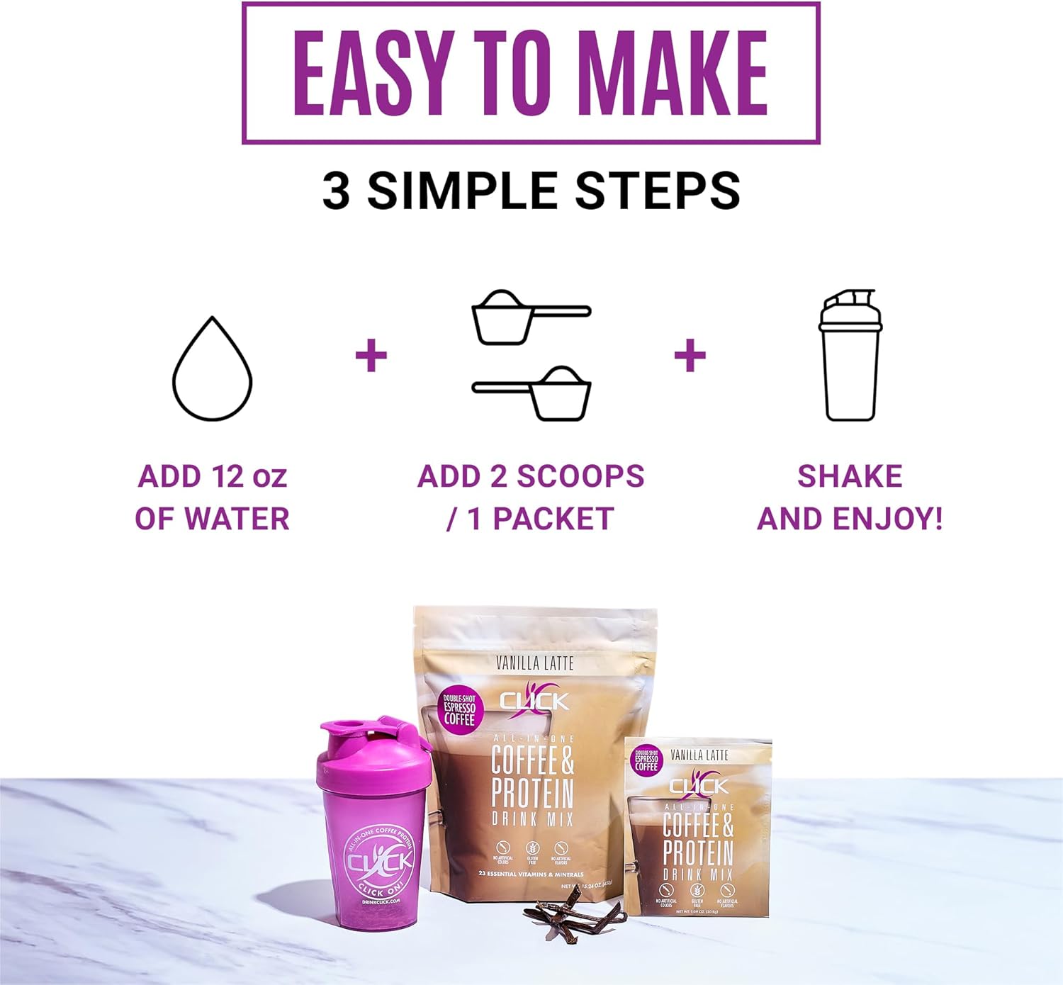 Click Coffee Protein Powder | Double Shot Espresso | 16g Protein | 23 Essential Vitamins | Low Calorie Meal Replacement | 150mg Caffeine | Gluten Free | No Artificial Flavors or Colors | Vanilla