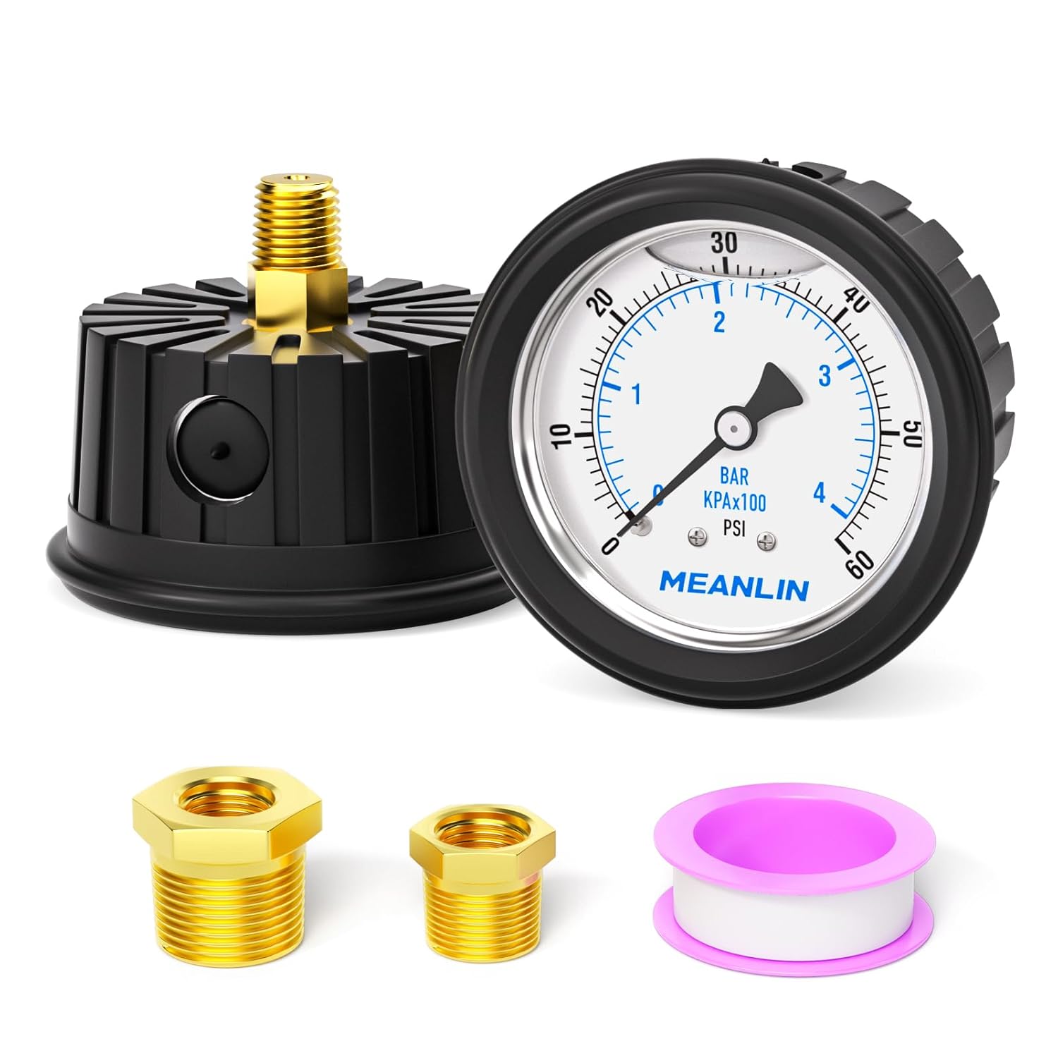 MEANLIN MEASURE 0~60Psi Stainless Steel 1/4" NPT 2.5" FACE DIAL Liquid Filled Pressure Gauge, Center Back Mount (with Rubber Protective Sleeve), with 1/2" NPT and 3/8" NPT Hex Bushing