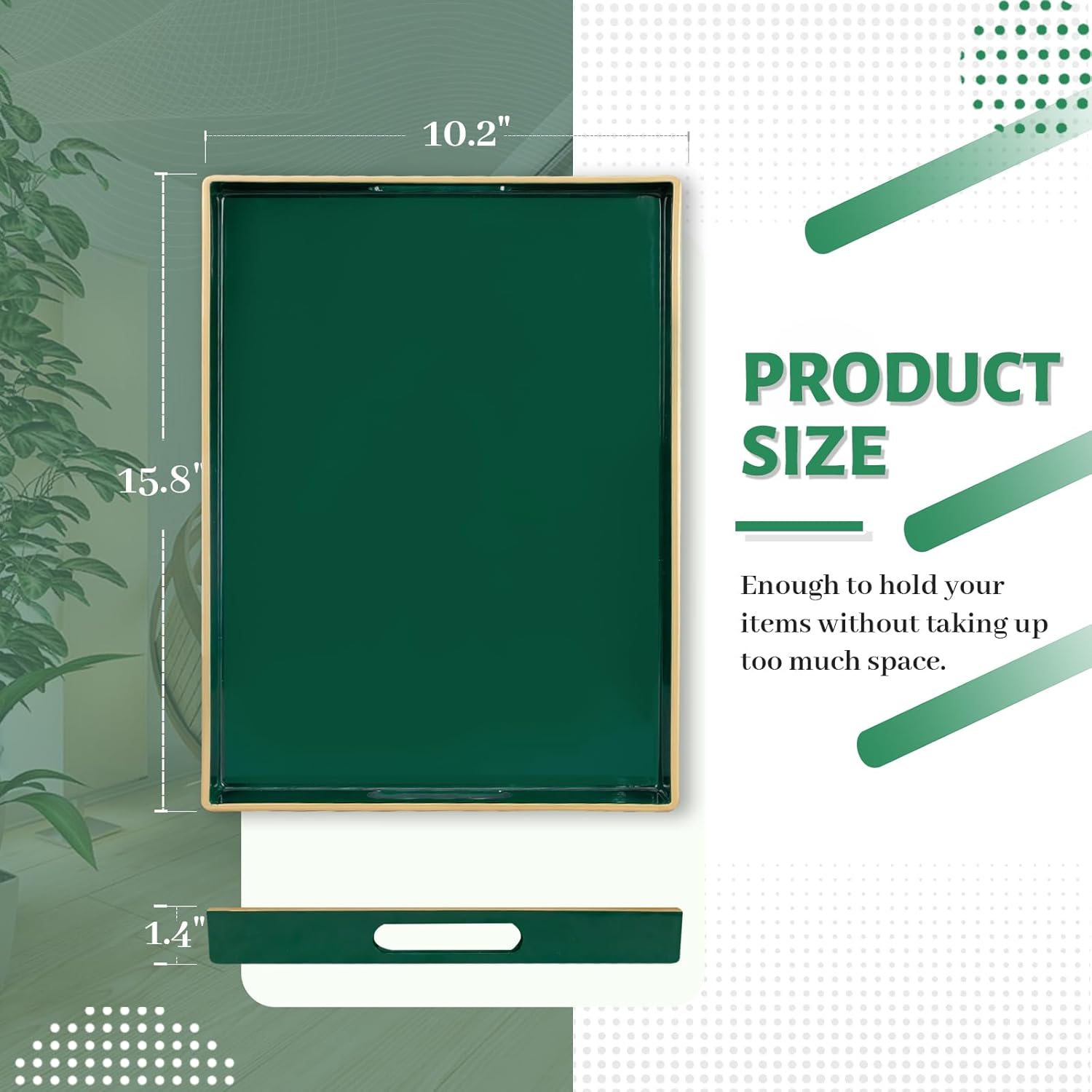 MAONAME Dark Green Decorative Tray, Serving Tray with Handles, Plastic Trays for Coffee Table, Rectangular Trays for Living Room, Bedroom, 15.8" X 10.2" X 1.4"