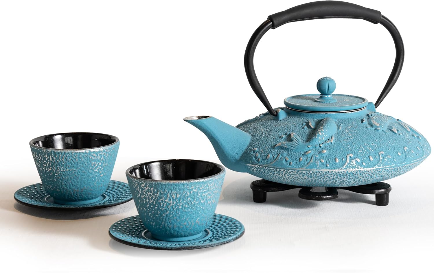 Cast Iron Teapot Set with 2 Tea Cups, Japanese Tea Kettle with Stainless Steel Infuser, Tea Pot Coated with Enameled Interior, Fish Pattern, 27oz 780ml Sky Blue