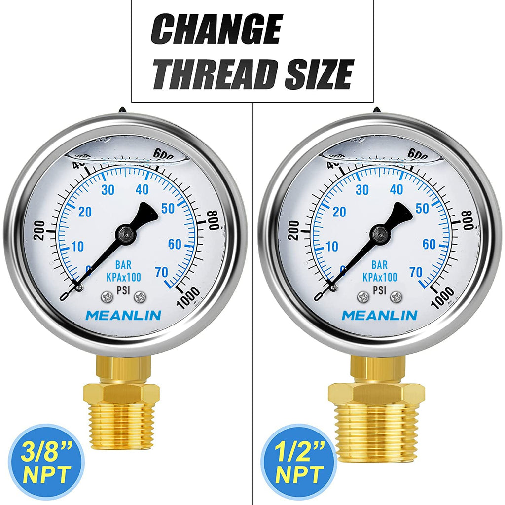 MEANLIN MEASURE 0~1000Psi Stainless Steel 1/4" NPT 2.5" FACE DIAL Liquid Filled Pressure Gauge WOG Water Oil Air Lower Mount, with 1/4" x 1/2" NPT and 1/4" x 3/8" NPT Hex Bushing