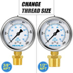 MEANLIN MEASURE 0~1000Psi Stainless Steel 1/4" NPT 2.5" FACE DIAL Liquid Filled Pressure Gauge WOG Water Oil Air Lower Mount, with 1/4" x 1/2" NPT and 1/4" x 3/8" NPT Hex Bushing