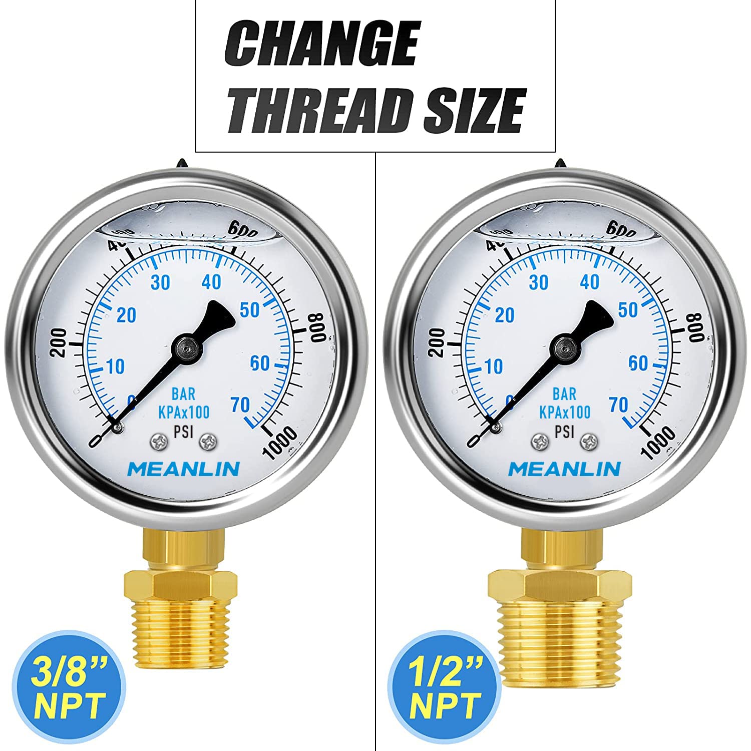MEANLIN MEASURE 0~1000Psi Stainless Steel 1/4" NPT 2.5" FACE DIAL Liquid Filled Pressure Gauge WOG Water Oil Air Lower Mount, with 1/4" x 1/2" NPT and 1/4" x 3/8" NPT Hex Bushing