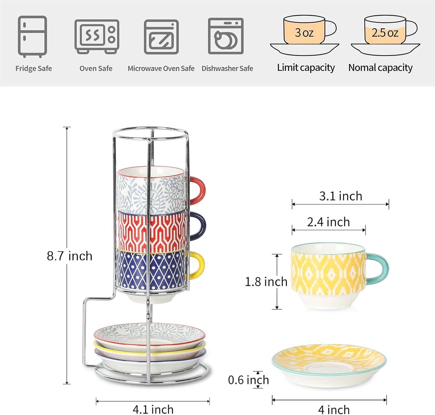 Selamica Ceramic Espresso Cups with Saucers and Metal Stand, 2.5 OZ Stackable Demitasse Cups for Espresso Latte Café Mocha Tea, Set of 4, Assorted Colors