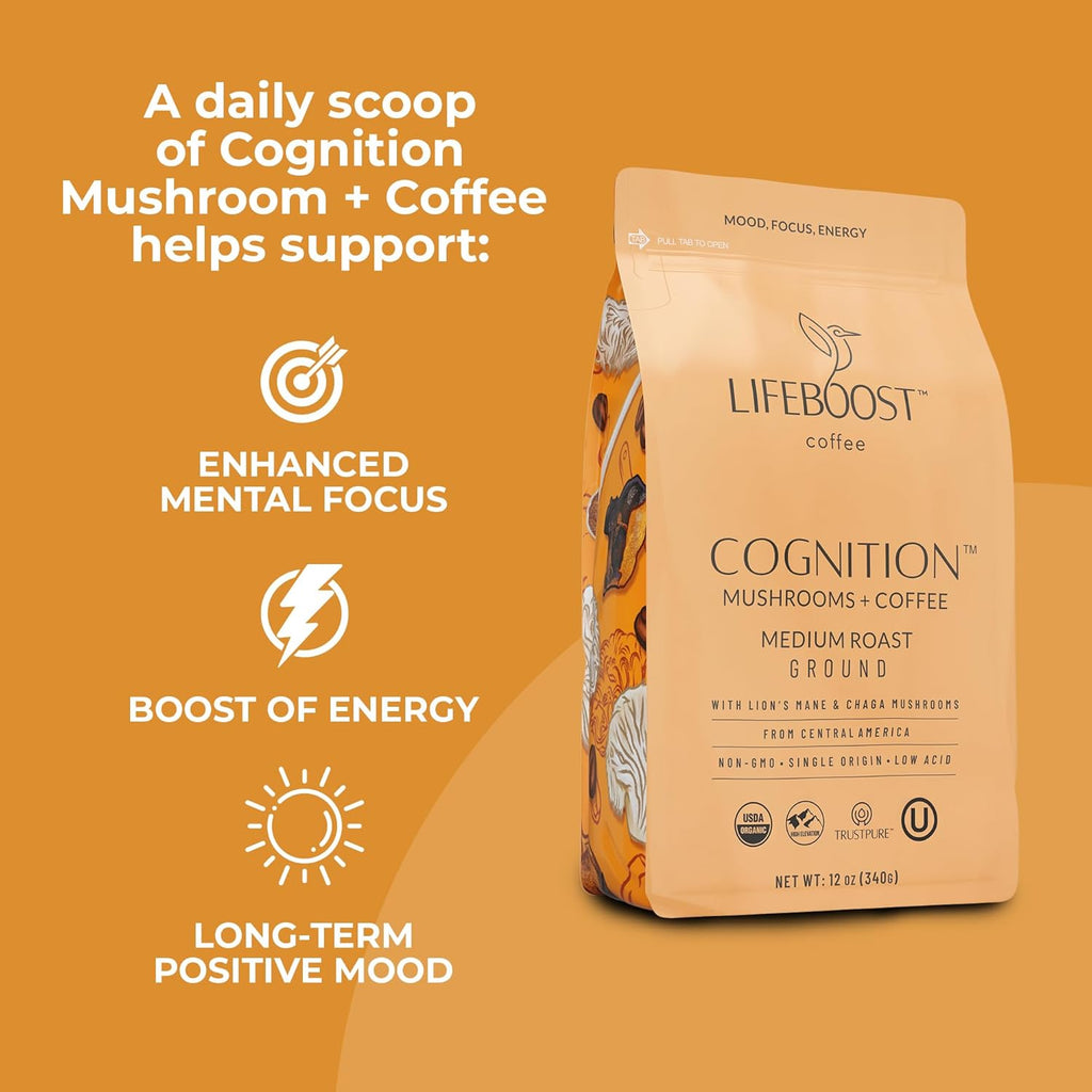 Lifeboost Cognition Adaptogenic Mushroom Coffee - Great Tasting Organic Lions Mane & Chaga Medium Roast Nootropic Coffee - Increase Energy, Boost Focus & Immune Support - 12 oz Bag - Ground