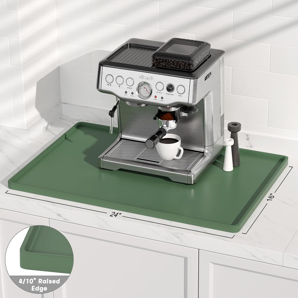 Rnivvi Silicone Coffee Mat, 16" x 24" Waterproof Raised Edge Coffee Bar Mats for Espresso Machine Station Accessories, Heat Resistant Dish Drying Pad for Kitchen Counter, Rubber Bar Decor Pad, Green