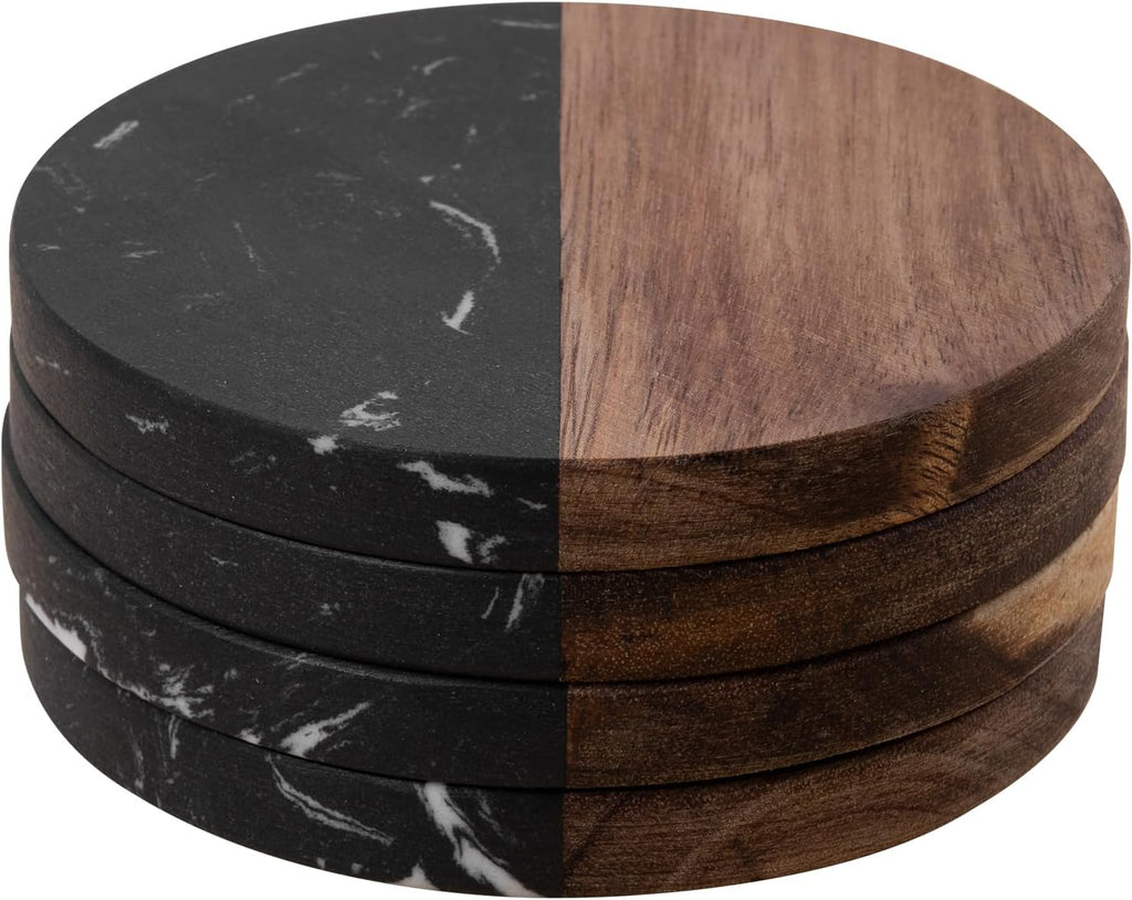 Marble Coasters: 4-Piece Set of Acacia Wood Marble Coasters, Suitable for Kitchens, Offices, and can be Used as Gifts (Black Round)