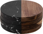 Marble Coasters: 4-Piece Set of Acacia Wood Marble Coasters, Suitable for Kitchens, Offices, and can be Used as Gifts (Black Round)