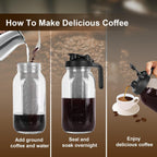 Cold Brew Coffee Maker - 64 Oz Heavy-Duty Glass Mason Jar Pitcher with Stainless Steel Filter, Leak-Proof Lid, Ergonomic Handle & Precision Pour Spout – Ideal for Iced Coffee, Tea, Cold Brew (Black)