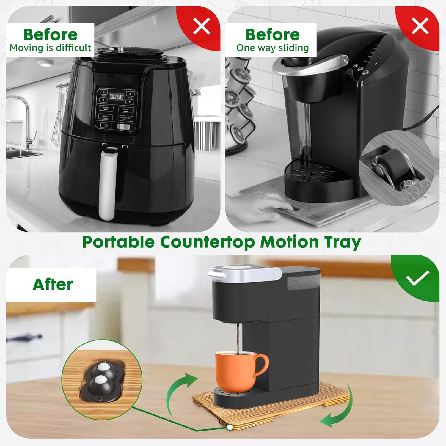 Appliance Slider 360° Rolling Tray for Coffee Maker- Wood Coffee Pot Slider Tray Countertop Rotation Sliding Tray with Wheels, Small Appliances Mat (Small 13.9"×9.4")