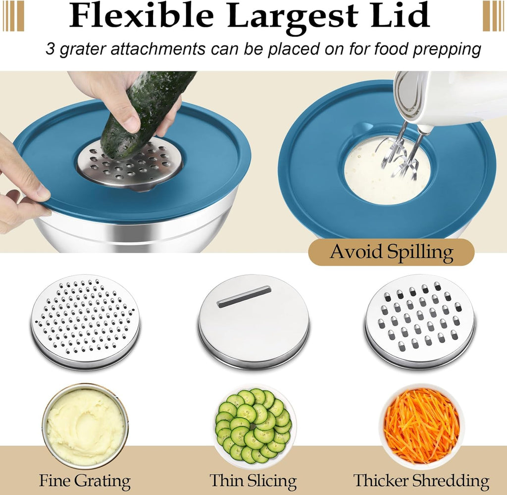 TeamFar Mixing Bowls with Lids Set, 6PCS Stainless Steel Metal Nesting Salad Bowl with 3 Grater Attachments, for Food Baking/Mixing/Serving/Storing, Dark Blue- 4.6/2.6/2 / 1.5/1 / 0.7 QT