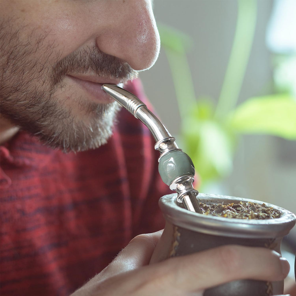 Reusable Bombilla Yerba Mate Straw - Stainless Steel Removable Spoon Style Filter with a Beautiful Bead - Metal Straw for Drinking Loose Leaf Tea - Includes Cleaning Brush(Light Grey)