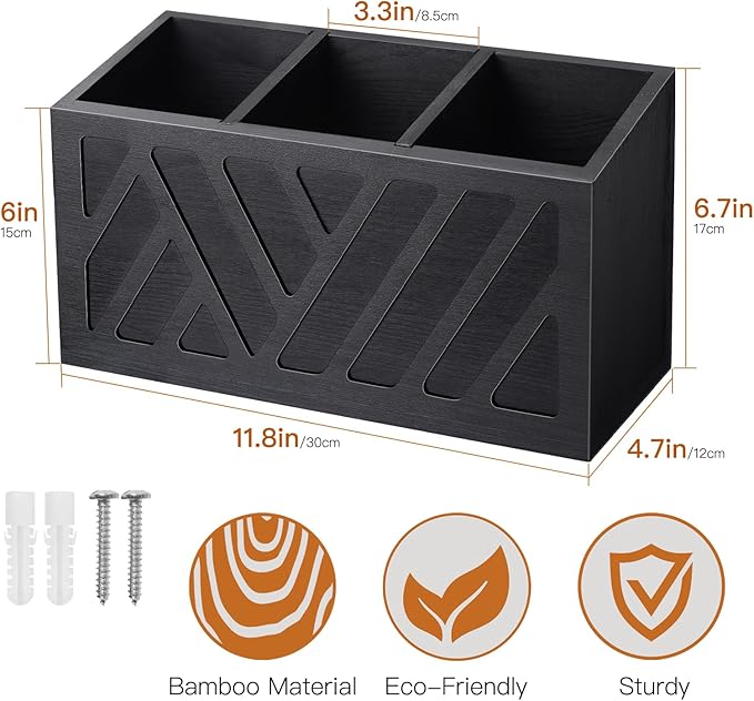 Utensil Holder Caddy with 3 Compartments, Wooden Flatware Cutlery Storage Organizer Box Countertop for Silverware Fork Spoon Spatula