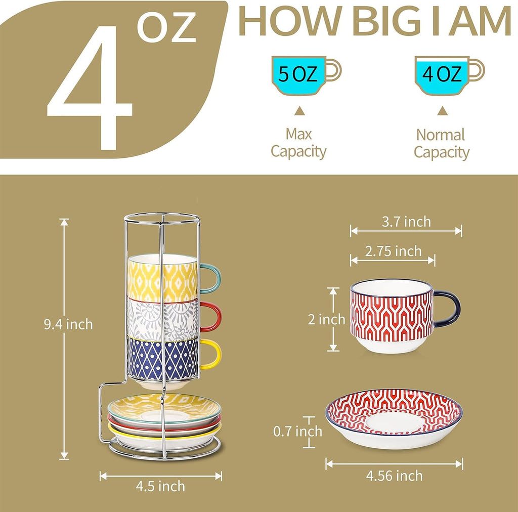 Selamica Ceramic Espresso Cups with Saucers and Metal Stand, 4 OZ Stackable Demitasse Cups for Latte Coffee Café Mocha Tea, Set of 4, Assorted Colors