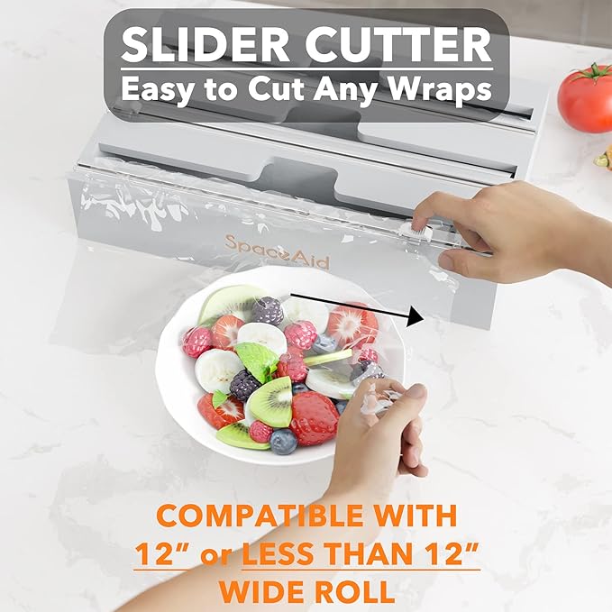 SpaceAid WrapNeat 3 in 1 Wrap Organizer with Cutter and Labels, Plastic Wrap, Aluminum Foil and Wax Bamboo Dispenser for Kitchen Storage Organization Holder for 12" Roll (Gray)