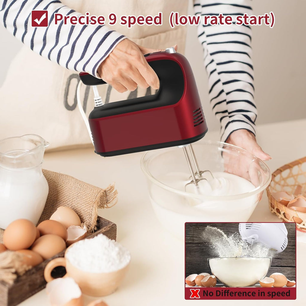 9-Speed Digital Hand Mixer Electric, 400W DC Motor, Hand Mixer electric Handheld with Snap-On Storage Case, Touch Button, Turbo Boost, 5x Stainless Steel Accessories (Red)