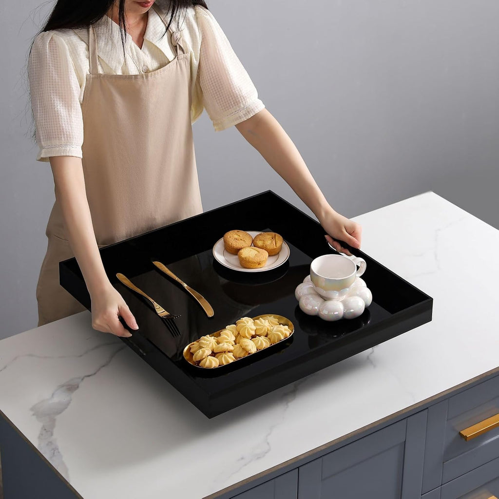 Glossy Black Sturdy Acrylic Serving Tray with Handles-24x24Inch-Serving Coffee,Appetizer,Breakfast,Butler-Kitchen Countertop Tray-Makeup Drawer Organizer-Vanity Table,Ottoman Tray-Decorative