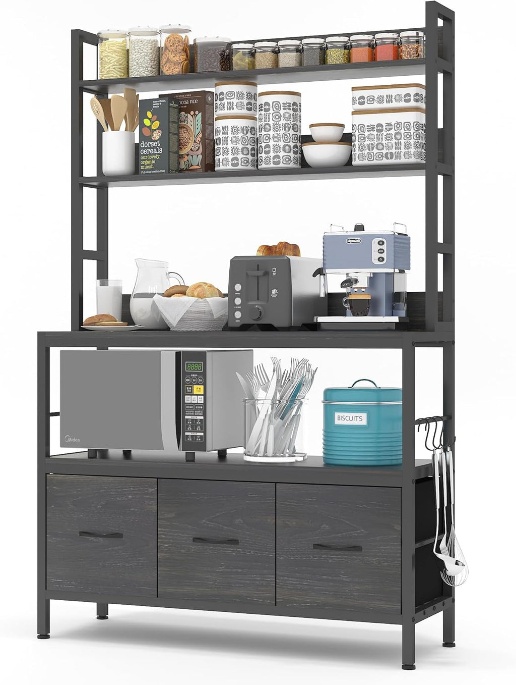 Kitchen Bakers Rack with Baskets,5-Tier Free Standing Storage Shelf Rack,Industrial Microwave Oven Stand,Metal Kitchen Rack Organizer with Hooks(Black)