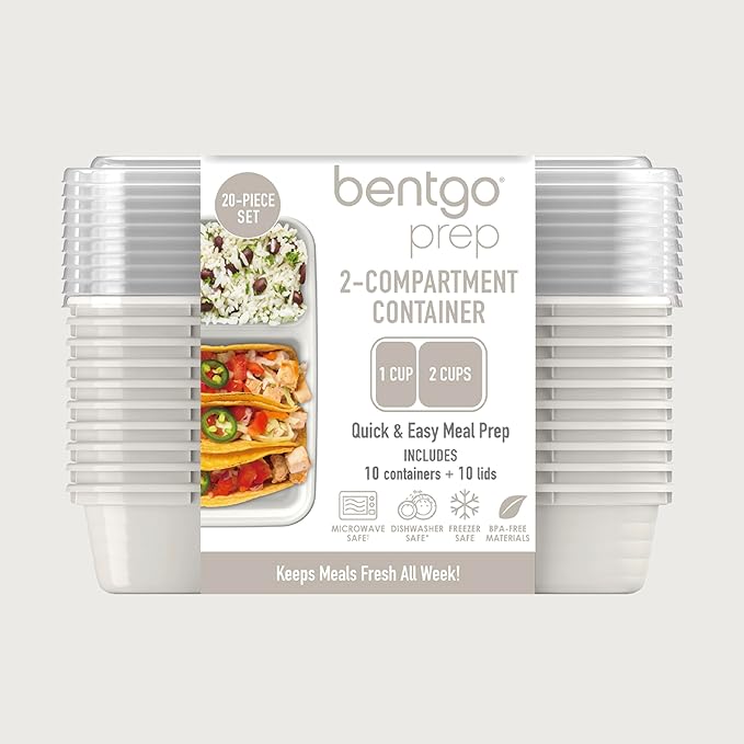 Bentgo Prep - 20-Piece 2-Compartment Reusable Meal Prep Containers with Lids, PFAS & BPA Free Materials, Durable, Microwave, Freezer, & Dishwasher Safe To Go Food Storage (Whisper Gray)