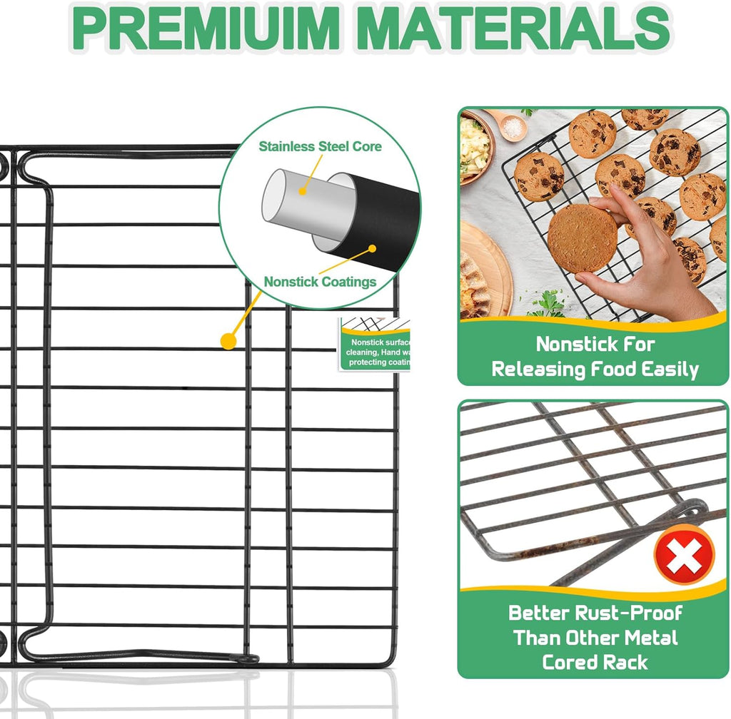 P&P CHEF Cooling Rack Set of 2, 2-Tier Stackable Stainless Steel Wire Racks for Baking Cooking Cooling Roasting, Collapsible & Heavy Duty, Oven Safe & Easy Clean, 15" x 10", Black