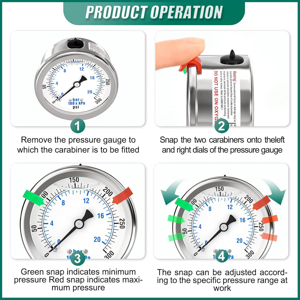 0-300PSI Stainless Steel Liquid Filled Pressure Gauge, 2.5" Dial Size, 1/4" NPT 316 Stainless Steel Joint, Back Mount, for Tube, Water Pump, Gas, Liquid (with Range Mark Pointer)