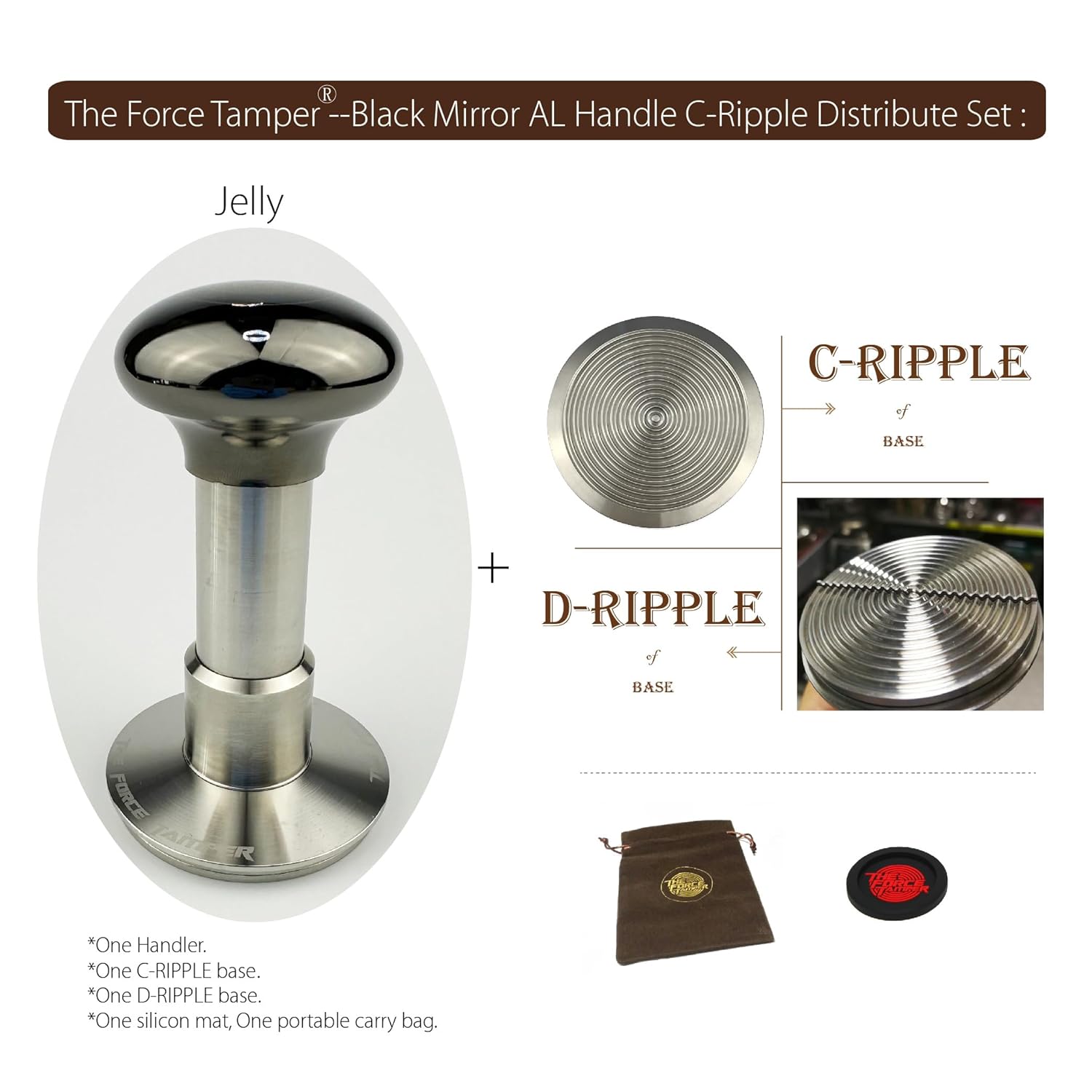 The Force Tamper Automatic Impact Adjustable Constant Pressure and Autoleveling Coffee Tamper Black Mirror Jellyfish AL Handle Set Pro (C-Ripple Distribute Set, 58.50mm)