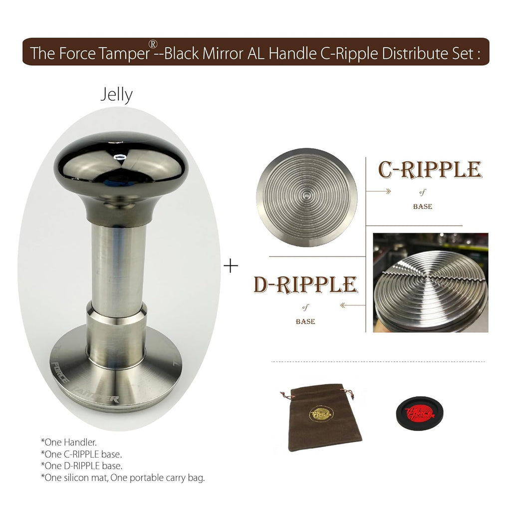 The Force Tamper Automatic Impact Adjustable Constant Pressure and Autoleveling Coffee Tamper Black Mirror Jellyfish AL Handle Set Pro (C-Ripple Distribute Set, 58.35mm)