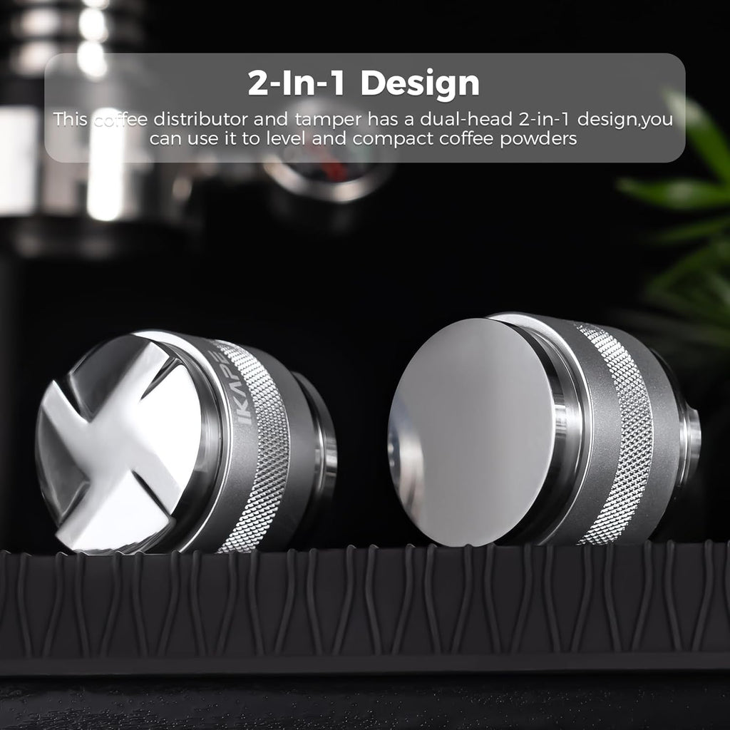 IKAPE Coffee Products, 58mm Coffee Distributor & Hand Tamper, Adjustable Depth Espresso Distributor Fits All 58mm Espresso Portafilter(Silver))