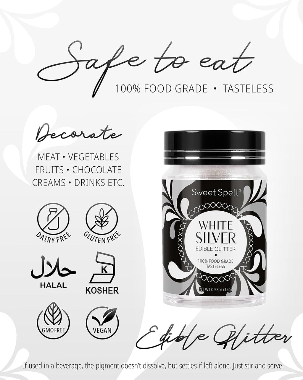 Sweet Spell Edible Glitter (15g) - Shimmer Sparkles for Drinks, Cakes, Cocktails - 100% Edible & Food Grade Glitter, Vegan, Gluten-Free (White Silver)