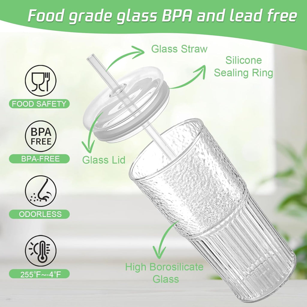 Glass Cups with Lids and Glass Straws, High Borosilicate 20OZ Tumblers (4Pcs) for Coffee, Tea, Juice, Smoothies, Hot/Cold Drinks at Home, Office