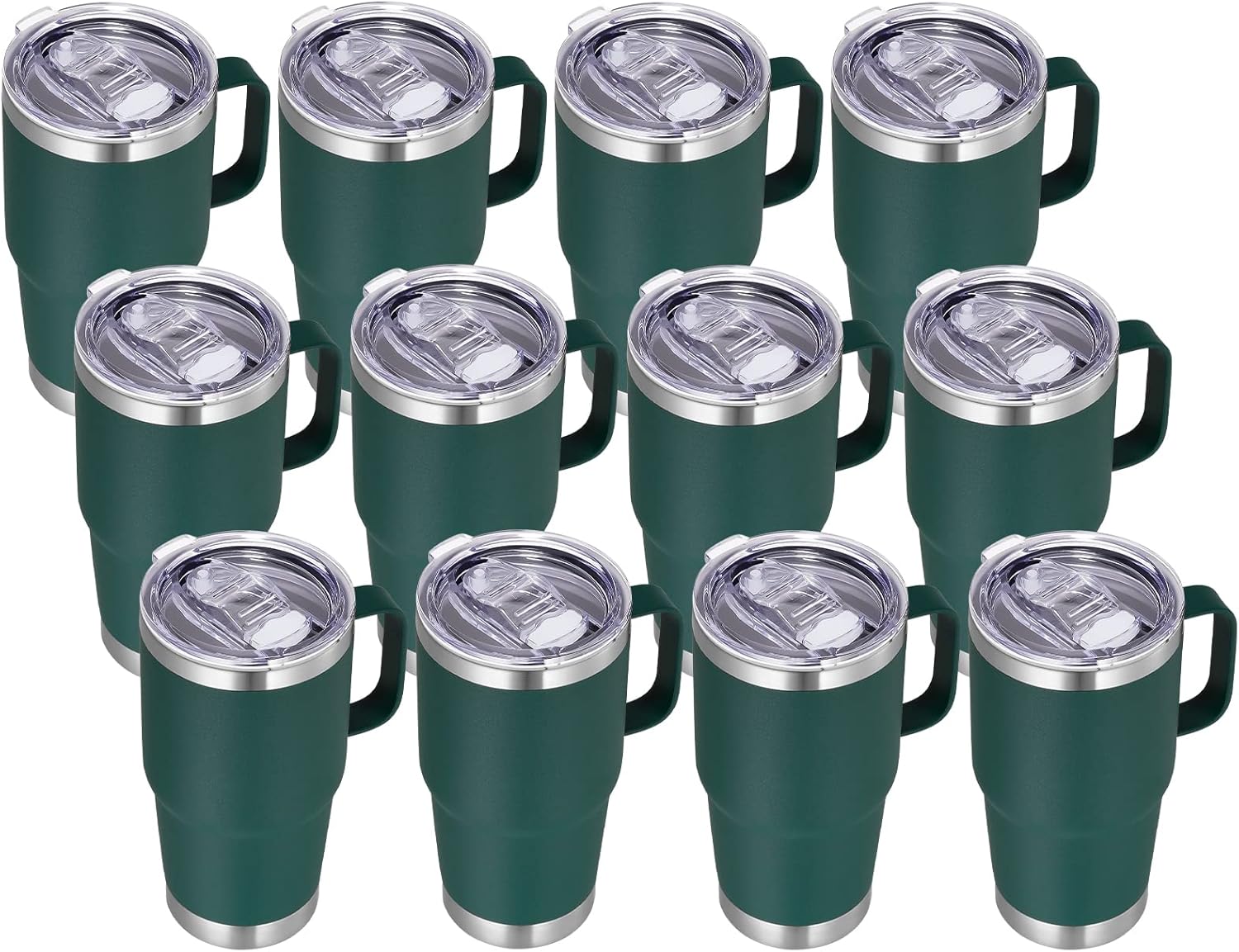 VEGOND 20 oz Tumbler Bulk with Handle Lid and Straw, Stainless Steel Insulated Travel Coffee Mug Set, Spill Proof Double Wall Metal Tumblers Cups, Dark Green 12 Pack