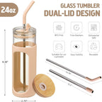 Kodrine 24oz Glass Tumbler with 2 Lids and Straws, Glass Cup With Bamboo Lid and On-the-go Lid, Reusable Iced Coffee Cup, Ideal for Smoothie, Cold Drinks, Fit Cup Holder, BPA Free(1, Amber)