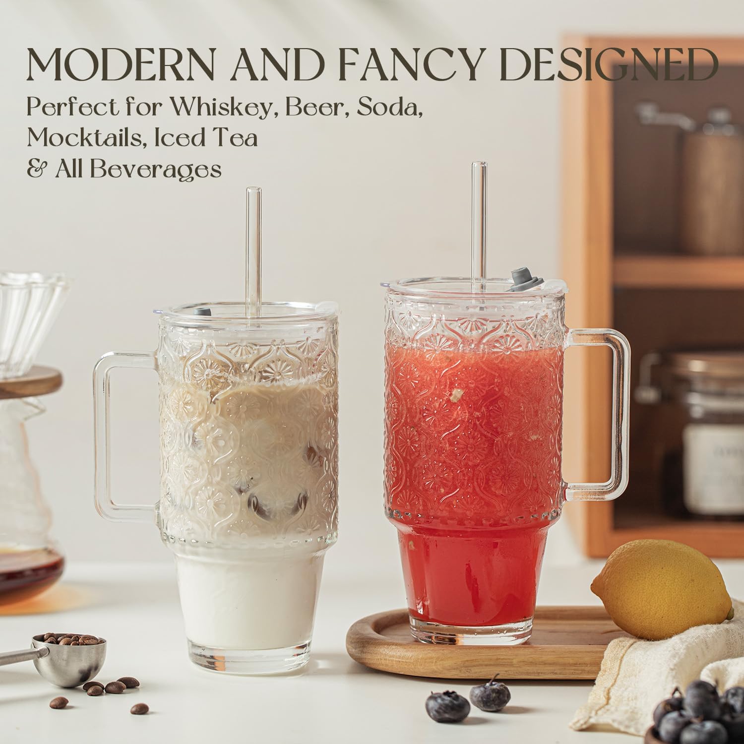 KEMORELA 6-Pack 24oz Glass Tumblers with Straws & Lids, Begonia Floral Iced Coffee Cups with Handles, Reusable Smoothie Glasses, Dishwasher Safe Cold Drinkware Set, BPA-Free Straws Included