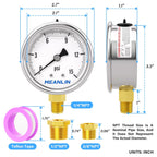 MEANLIN MEASURE 0~15Psi Stainless Steel 1/4" NPT 2.5" Single Scale FACE DIAL,Glycerin Filled Pressure Gauge, WOG Water Oil Air Lower Mount, with 1/4" x 1/2" NPT and 1/4" x 3/8" NPT Hex Bushing
