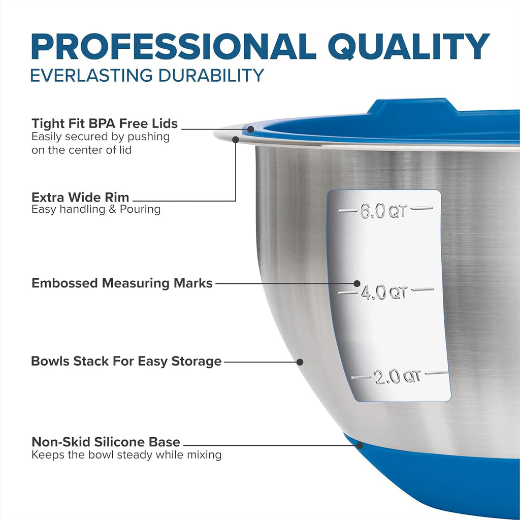 Viking Mixing Bowls Set, 10 Piece Stainless Steel Kitchen Cookware, Non-Slip Silicone Base, Includes Tight Fit Lids, Dishwasher Safe, Teal