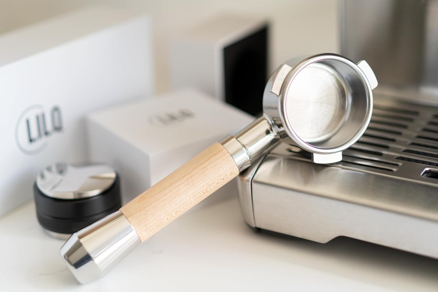 LILQ 54mm Naked Bottomless Portafilter Compatible with Breville Barista Express, Barista Pro, Bambino, and More – 18-20g basket included (Maple Fusion, 54mm Breville)