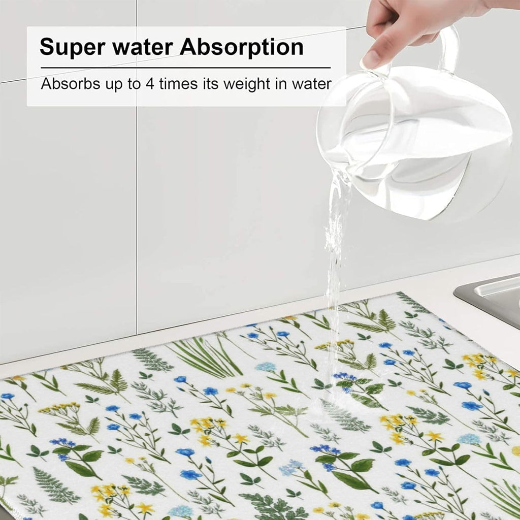 Blue Yellow Wildflower Dish Drying Mats for Kitchen Counter, Vintage Botanic Fern Leaves Floral Kitchen Drainer Pad, Absorbent Microfiber Reusable Washable Dish Draining Mats, Home Decor, 16 x 18 inch