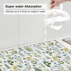 Blue Yellow Wildflower Dish Drying Mats for Kitchen Counter, Vintage Botanic Fern Leaves Floral Kitchen Drainer Pad, Absorbent Microfiber Reusable Washable Dish Draining Mats, Home Decor, 16 x 18 inch