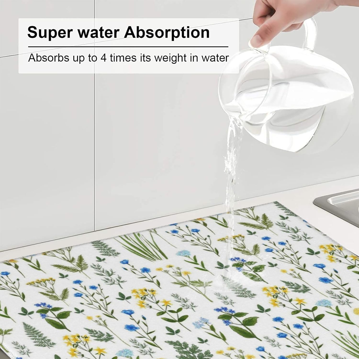 Blue Yellow Wildflower Dish Drying Mats for Kitchen Counter, Vintage Botanic Fern Leaves Floral Kitchen Drainer Pad, Absorbent Microfiber Reusable Washable Dish Draining Mats, Home Decor, 16 x 18 inch