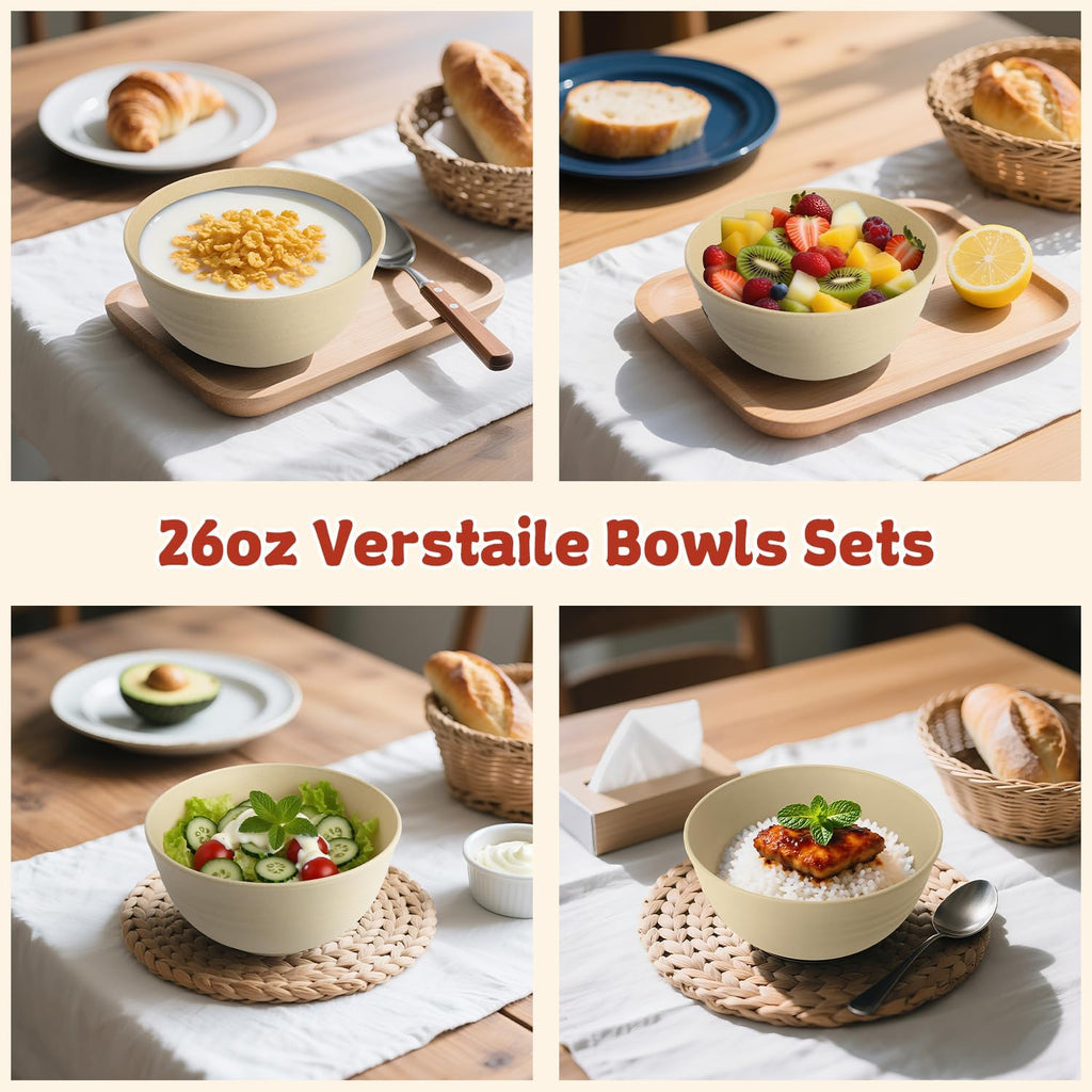 6-piece Wheat Straw Bowls sets 26oz,Alternative Plastic Bowls Reusable for indoors and outdoors,Microwave-able and Dishwasher Safe Bowls Sets Easy to Clean.Beige Series