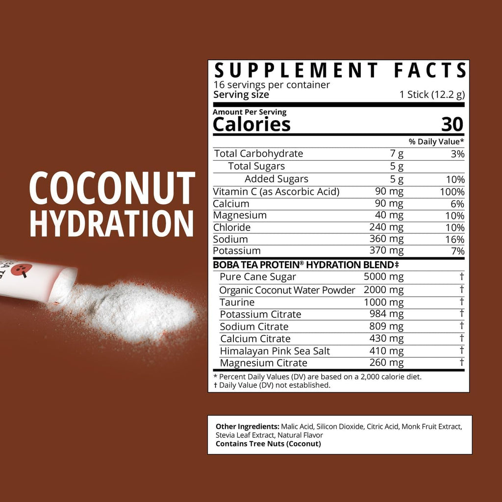 Boba Tea Hydration | Electrolyte Powder Drink Mix | Coconut Water | 1000mg Electrolytes, Vitamin C | 16 Stick Packets