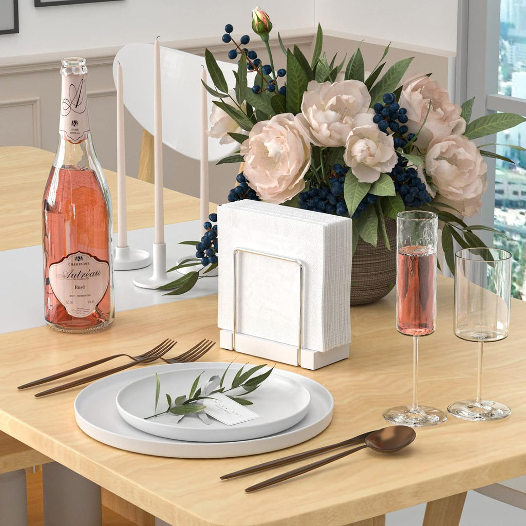 Napkin Holder for Table, Bamboo Iron Standing Napkin Dispenser for Kitchen Dining Table Farmhouse Cocktail Picnic Rustic Wood Holders for Mail Bills Suitable for All Dining Room Decors Silvery & White