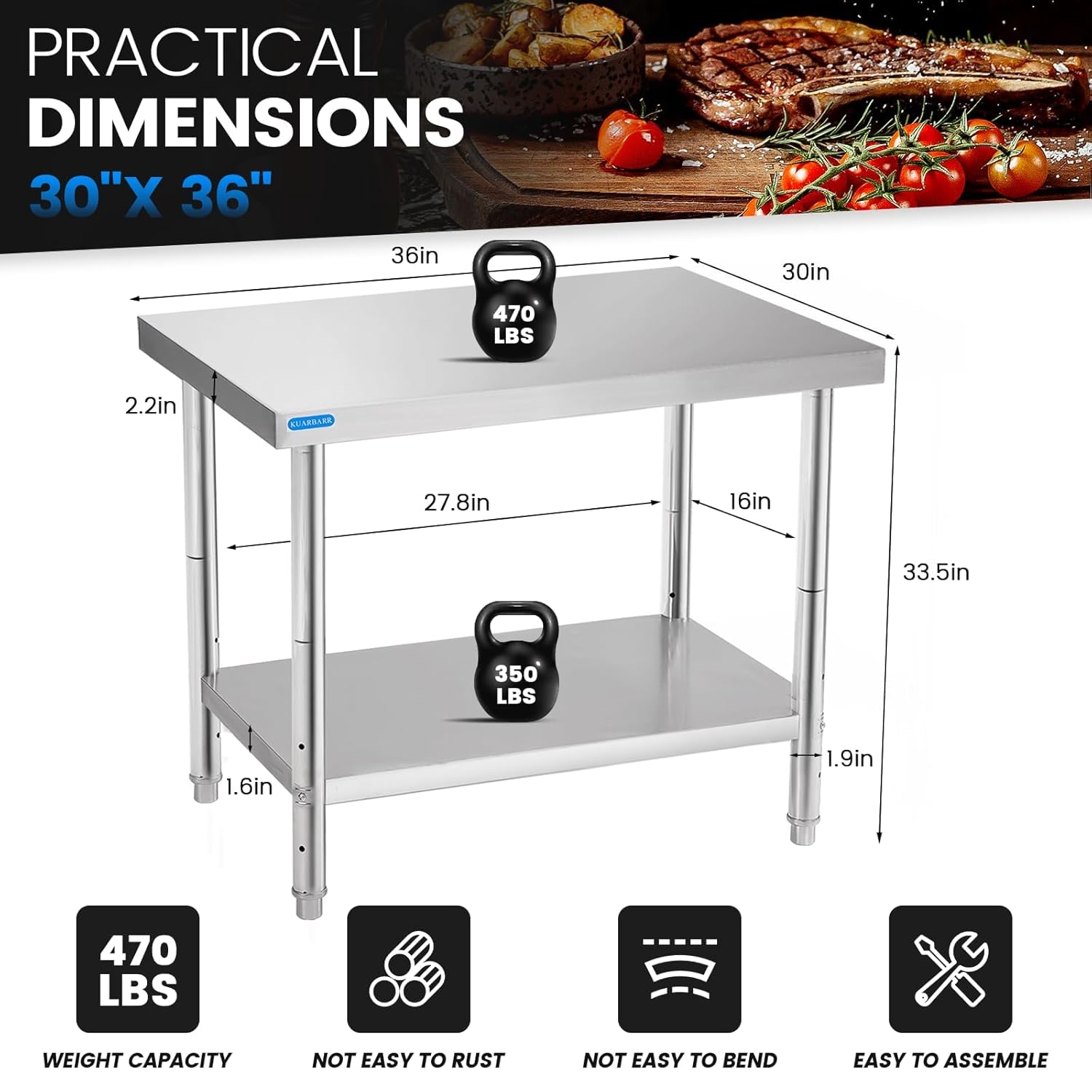 Stainless Steel Table for Prep & Work with Undershelf 30 x 36 Inches NSF Metal Commercial Kitchen Adjustable Under Shelf Worktable for Restaurant Home Outdoor