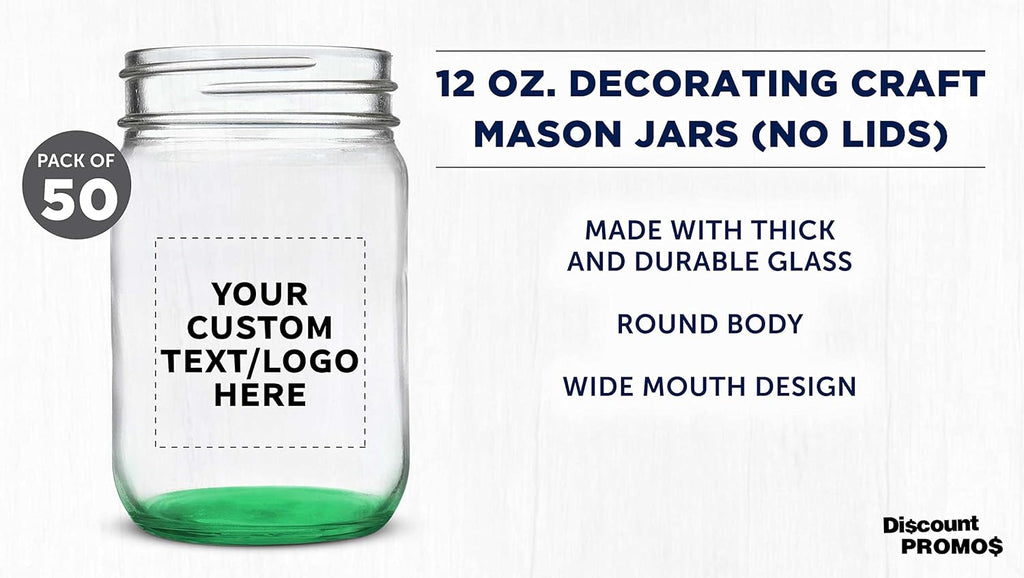 DISCOUNT PROMOS Custom Decorating Mason Jars 12 oz. Set of 50, Personalized Bulk Pack - Glass Jars for Overnight Oats, Candies, Fruits, Pickles, Spices, Beverages - Green